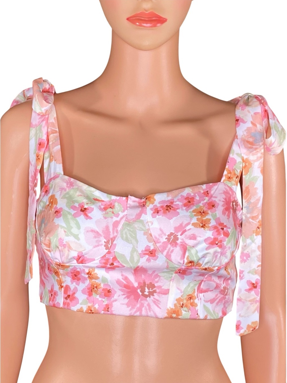 Shein Pink Floral Crop Top Halter Style Ties at Shoulder Sweetheart Neckline XS